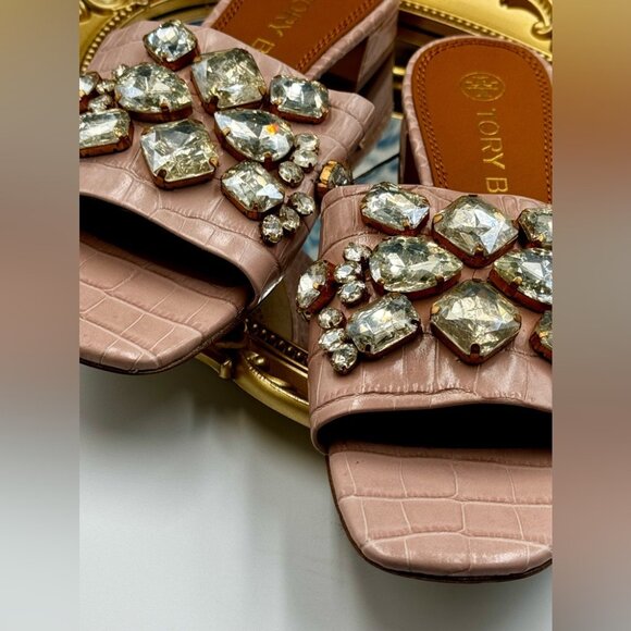 🆕 TORY BURCH 🧿 NWOT Martine 25mm Slides, Pink Croc Embossed Crystal Embellish - Picture 15 of 15